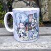 Cartoonish mug with animals and people at a tea party, featuring an elephant, pig, gorilla, and a person playing guitar.