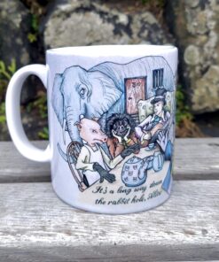 Cartoonish mug with animals and people at a tea party, featuring an elephant, pig, gorilla, and a person playing guitar.