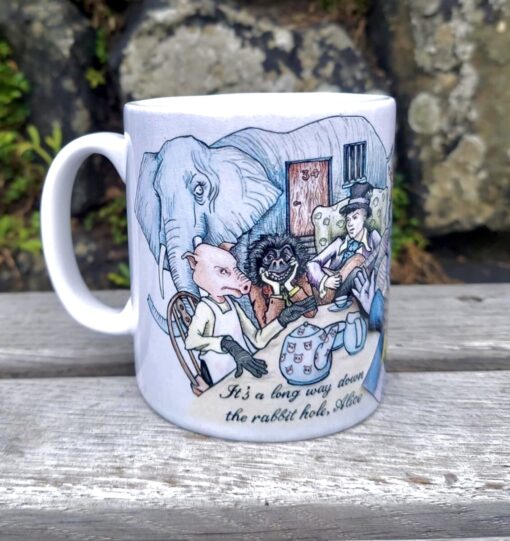 Cartoonish mug with animals and people at a tea party, featuring an elephant, pig, gorilla, and a person playing guitar.