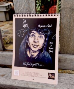 Ren Gill art calendar with Sock Boi design, showcasing a decorative illustration on a rustic bench.