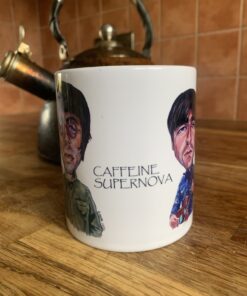 White mug with Oasis caricature illustrations and the text 