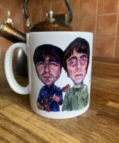 Cartoon mug illustration of two men, one with a guitar; background shows a vintage kettle on a wooden surface.