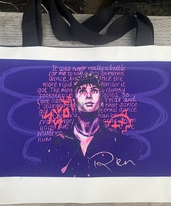 Tote bag with an artistic portrait and text, featuring swirling purple patterns and the name "Ren" at the bottom.