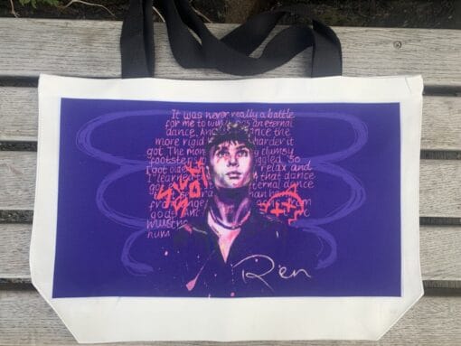 Tote bag with an artistic portrait and text, featuring swirling purple patterns and the name "Ren" at the bottom.