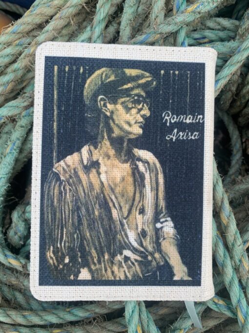 Vintage-style portrait of a man in a cap and glasses, overlaid on a textured fabric, with "Ronain Axisa" text.