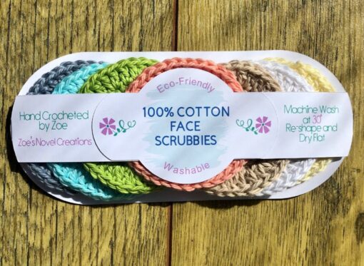 Set of 7 eco-friendly face scrubbies. A different colour for every day of the week. This shows the packaged item