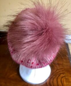 Hand Knitted hat in a mottled pink with a removable pink synthetic pom pom