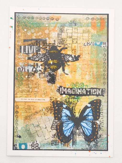 Mixed media art with a bee, butterfly, and text saying "LIVE" and "IMAGINATION" on a textured background.