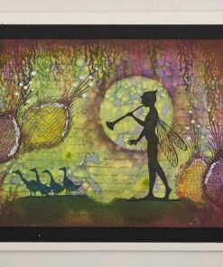 Silhouette of a fairy-like figure playing a flute with ducks nearby, set against a colorful, mystical backdrop.