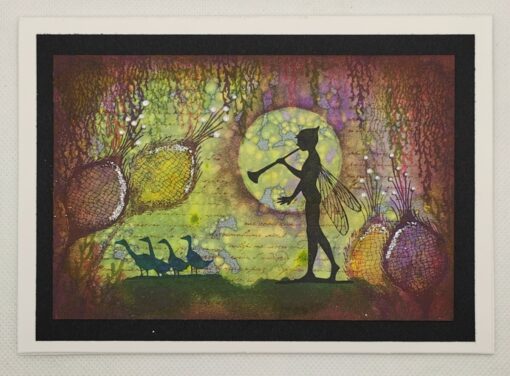 Silhouette of a fairy-like figure playing a flute with ducks nearby, set against a colorful, mystical backdrop.