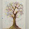 A colorful abstract painting of a tree with bare branches, surrounded by a halo of pastel dots and silver speckles.