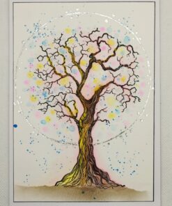 A colorful abstract painting of a tree with bare branches, surrounded by a halo of pastel dots and silver speckles.