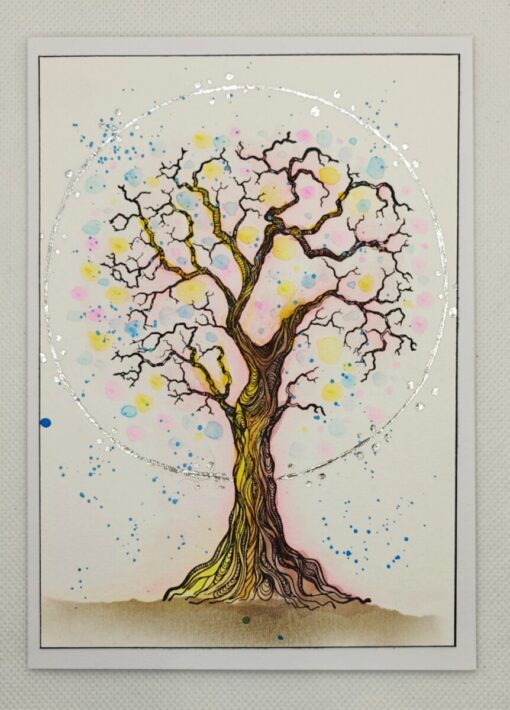 A colorful abstract painting of a tree with bare branches, surrounded by a halo of pastel dots and silver speckles.