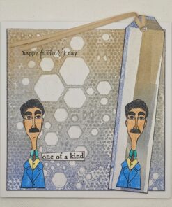 Father's Day card with geometric background, a cartoon man, and text 