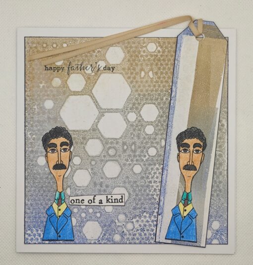 Father's Day card with geometric background, a cartoon man, and text "happy father's day" and "one of a kind.