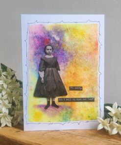 Greeting card with a vintage girl photo, colorful background, and text: 