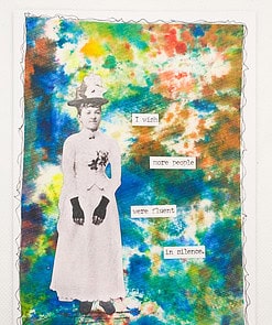 Vintage photo of a woman in white dress and hat over a colorful background with text 