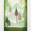 A forest scene with stylized trees and a sun, rendered in green tones with textured details resembling handwritten script.