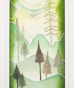 A forest scene with stylized trees and a sun, rendered in green tones with textured details resembling handwritten script.