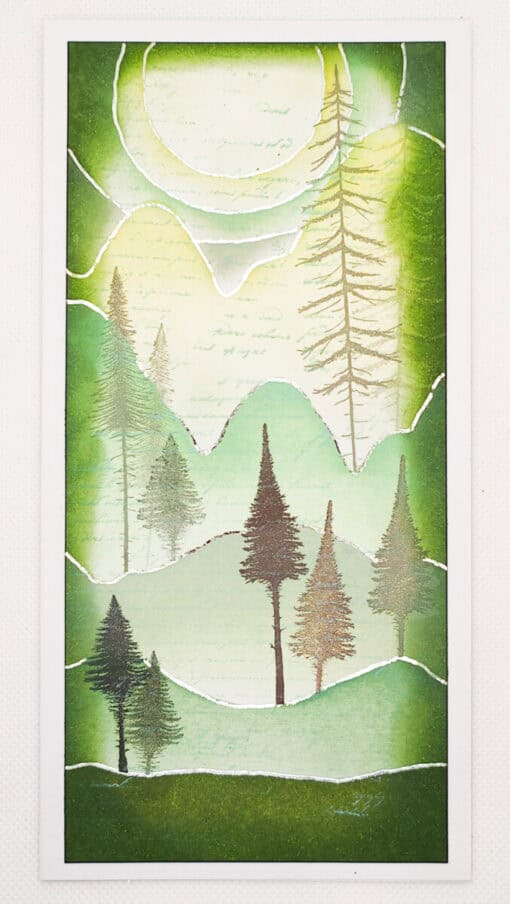 A forest scene with stylized trees and a sun, rendered in green tones with textured details resembling handwritten script.