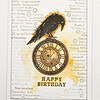 Steampunk-themed birthday card with a black crow perched on a clock, surrounded by vintage-style text and patterns. "Happy Birthday" at bottom.