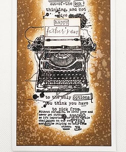 Vintage Father's Day card with a typewriter illustration, motivational text, and scattered numbers on a distressed brown background.