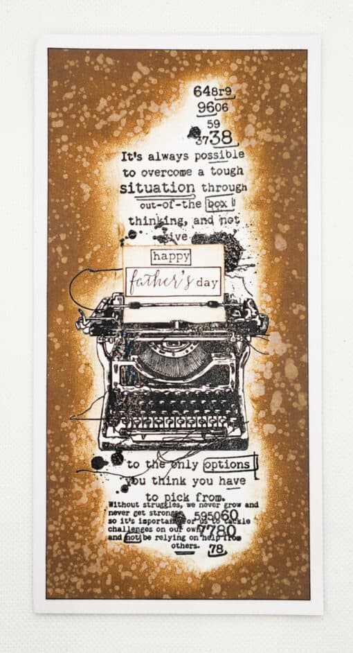 Vintage Father's Day card with a typewriter illustration, motivational text, and scattered numbers on a distressed brown background.