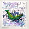 Illustration of a green whale with abstract blue and purple background, text says "Whale you be mine?" and "Go with the flow.