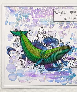 Illustration of a green whale with abstract blue and purple background, text says 