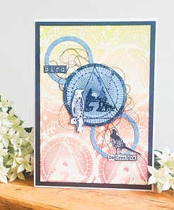 Handmade card featuring blue, stylized birds and geometric designs on a pastel background with text "Bird" and "Be Creative.