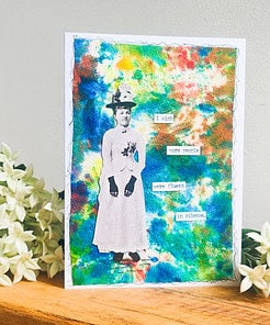 A colorful card with an old-fashioned photo of a woman and text saying, "I wish more people were fluent in silence," next to flowers.