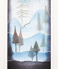 Abstract winter landscape with outlined trees, shaded mountains, and a gradient sky in blue and white hues.