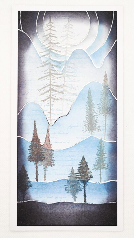 Abstract winter landscape with outlined trees, shaded mountains, and a gradient sky in blue and white hues.