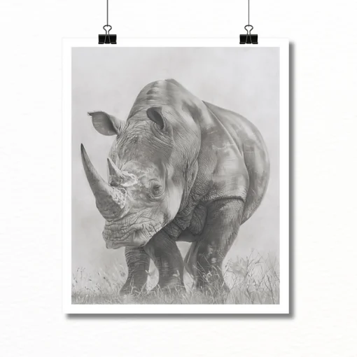 Black and white illustration of a rhinoceros standing on grassy terrain, clipped to a white frame and suspended against a plain background.