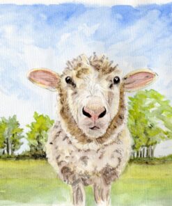 Watercolor painting of a sheep standing in a grassy field with trees and a blue sky in the background.