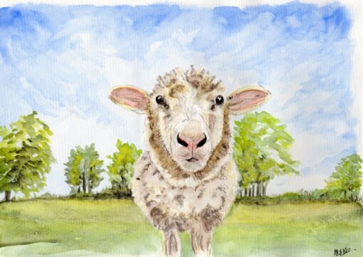 Watercolor painting of a sheep standing in a grassy field with trees and a blue sky in the background.