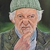 Painting of an elderly man in a green beanie, with a thoughtful expression and hand near his chin.