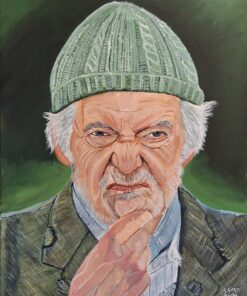 Painting of an elderly man in a green beanie, with a thoughtful expression and hand near his chin.