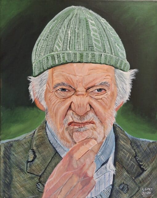 Painting of an elderly man in a green beanie, with a thoughtful expression and hand near his chin.