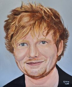 A realistic portrait of a smiling person with tousled ginger hair, light blue eyes, and a light beard, wearing a black top.