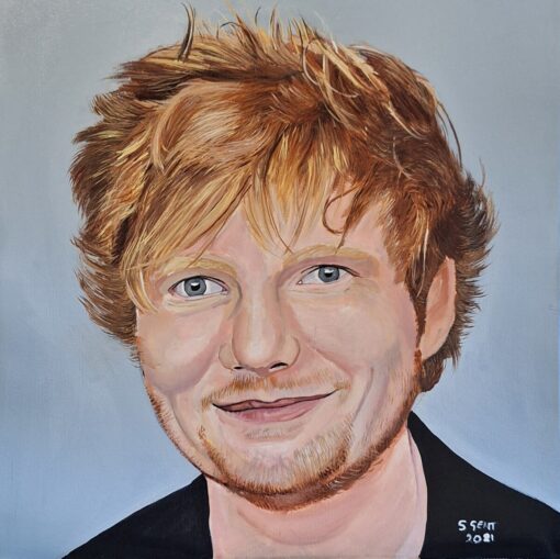 A realistic portrait of a smiling person with tousled ginger hair, light blue eyes, and a light beard, wearing a black top.