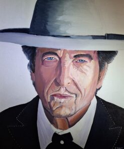 Portrait painting of a man in a wide-brimmed hat, suit, and tie, with piercing blue eyes and a solemn expression.