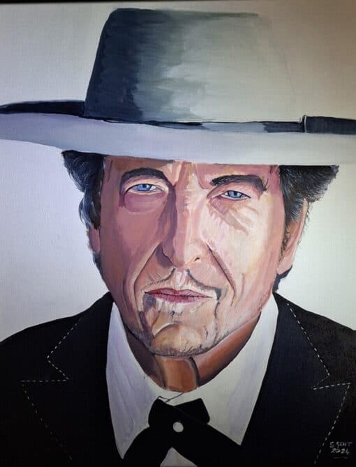 Portrait painting of a man in a wide-brimmed hat, suit, and tie, with piercing blue eyes and a solemn expression.