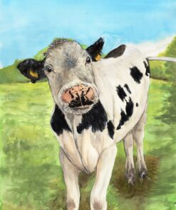 Watercolor painting of a black and white cow standing in a green field under a blue sky with trees in the background.