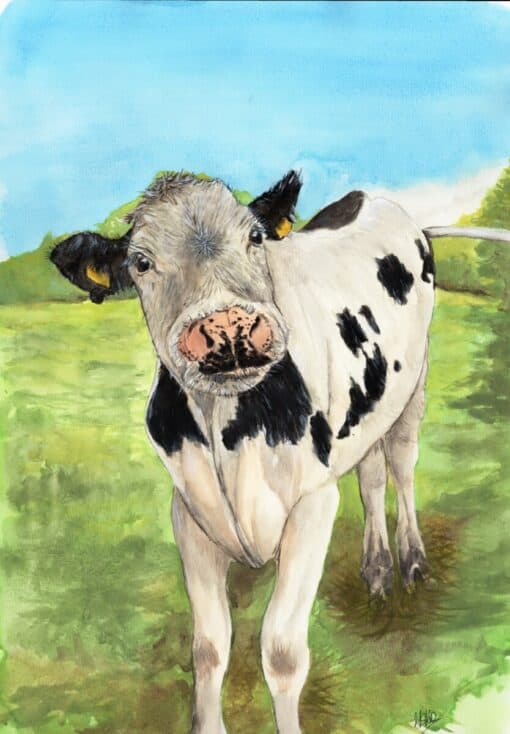 Watercolor painting of a black and white cow standing in a green field under a blue sky with trees in the background.