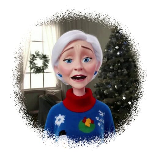 Animated woman in a festive sweater, with a wreath on the window and Christmas tree in the background, smiling warmly.