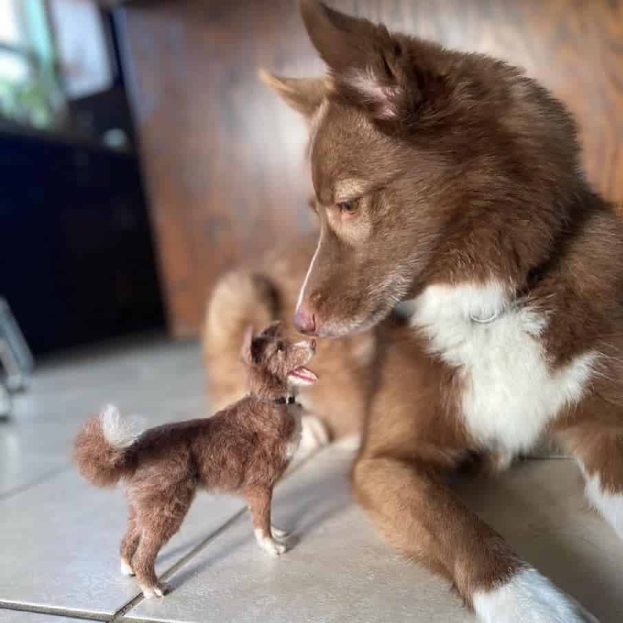 A brown dog sniffs a lifelike mini-replica of itself on a tiled floor in a cozy indoor setting.