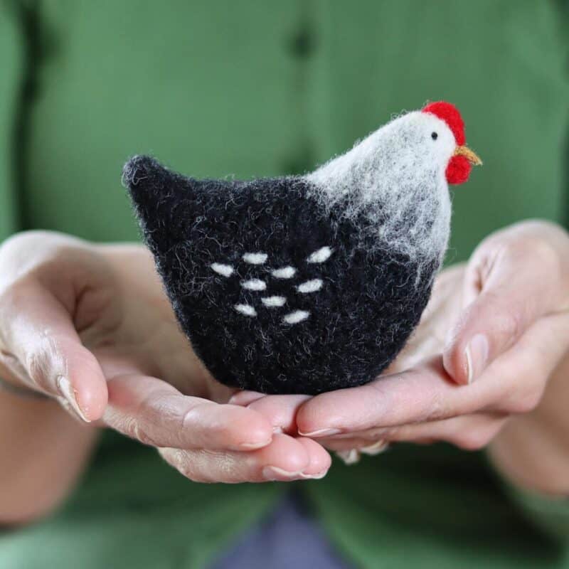 Hands holding a small, black and white felted hen with red details on its head and orange beak.