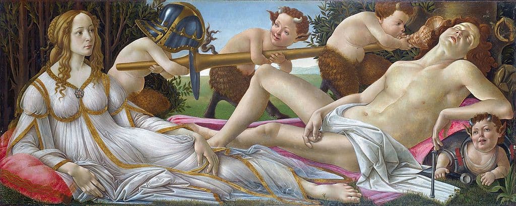 A classical painting depicts Venus sitting beside the sleeping Mars, with cherubs playing around them in a forest setting.