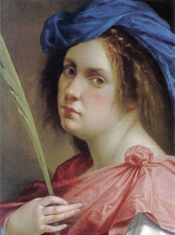 An oil painting of a woman in a blue headscarf and red garment, holding a palm leaf, gazing slightly to the side.